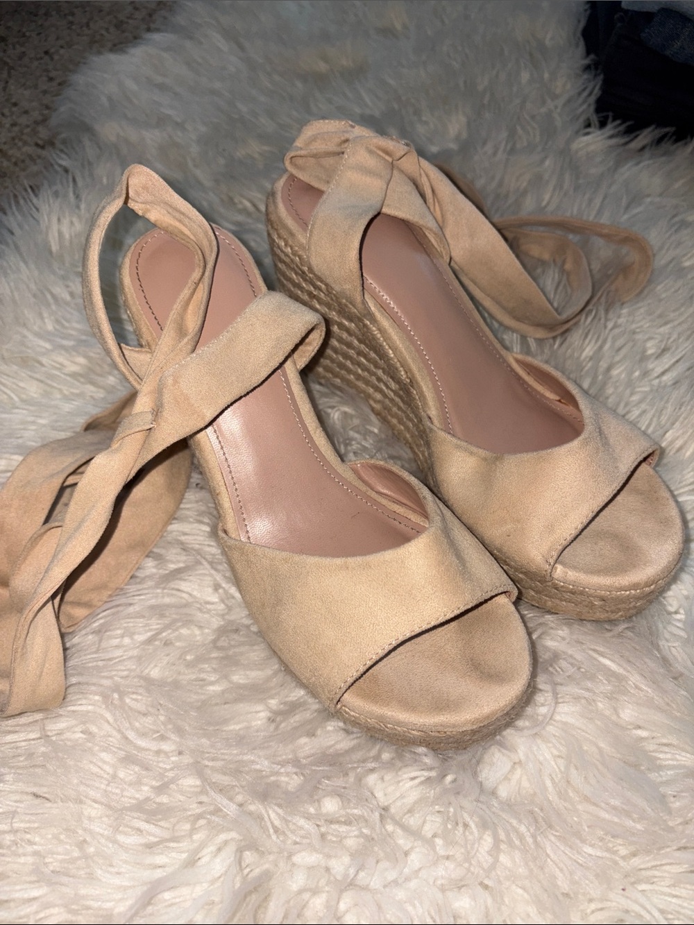 Neutral Tie‑Ankle Espadrille Wedges